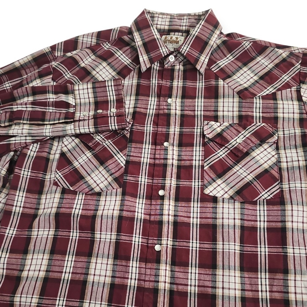 Ely Cattleman Mens Large Maroon Plaid Western Pearl Snap Shirt Cowboy Rodeo
